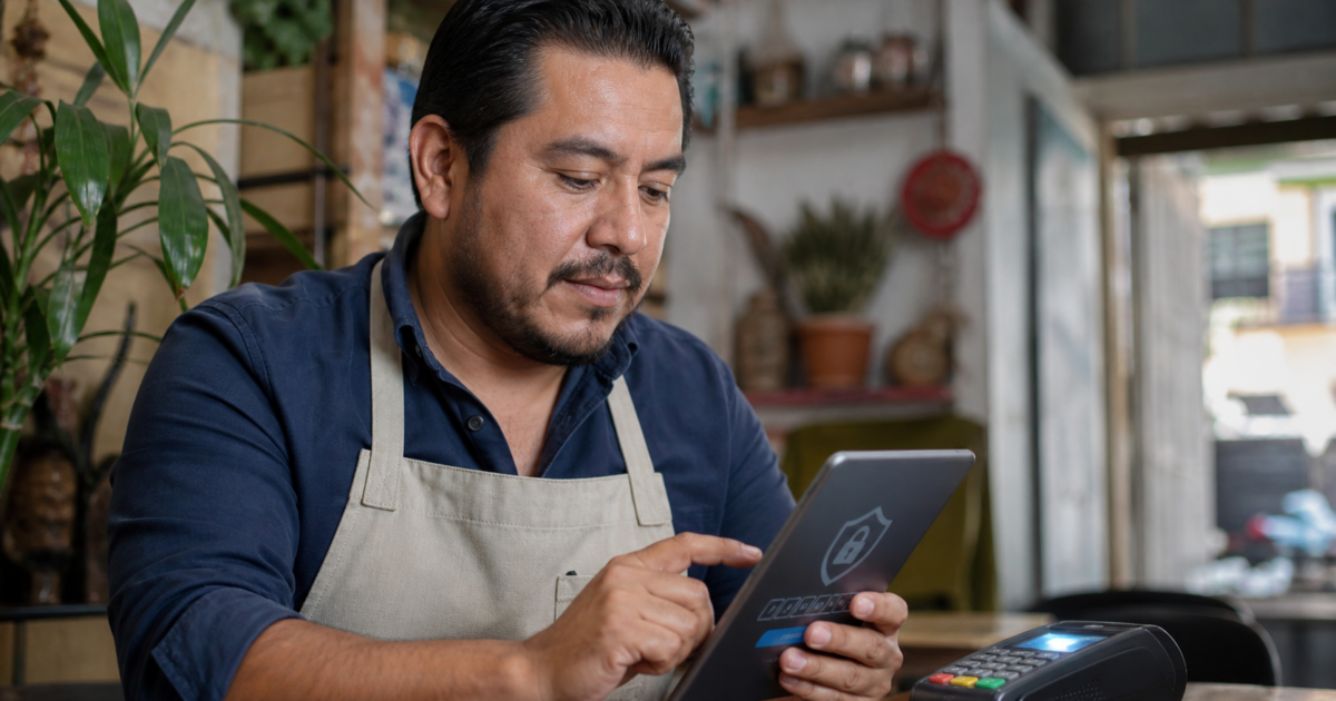 Comerciante activa doble factor de seguridad en una tableta junto a una terminal de pago