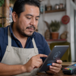 Comerciante activa doble factor de seguridad en una tableta junto a una terminal de pago