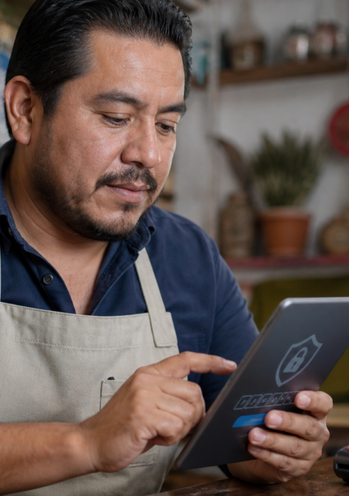 Comerciante activa doble factor de seguridad en una tableta junto a una terminal de pago
