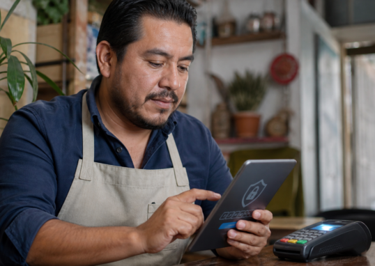 Comerciante activa doble factor de seguridad en una tableta junto a una terminal de pago