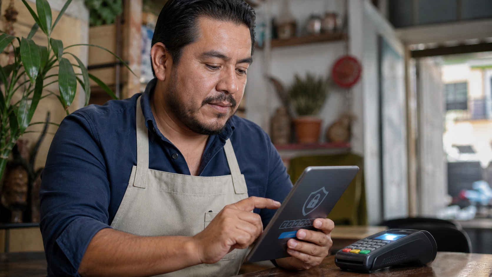 Comerciante activa doble factor de seguridad en una tableta junto a una terminal de pago
