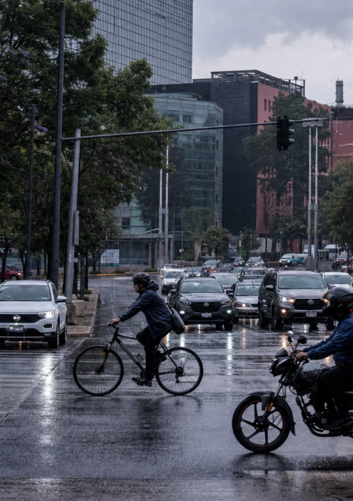Automóviles avanzan lentamente sobre una avenida de la Ciudad de México mientras peatones cruzan con paraguas bajo un cielo nublado; al fondo se observan señales viales y edificios urbanos.