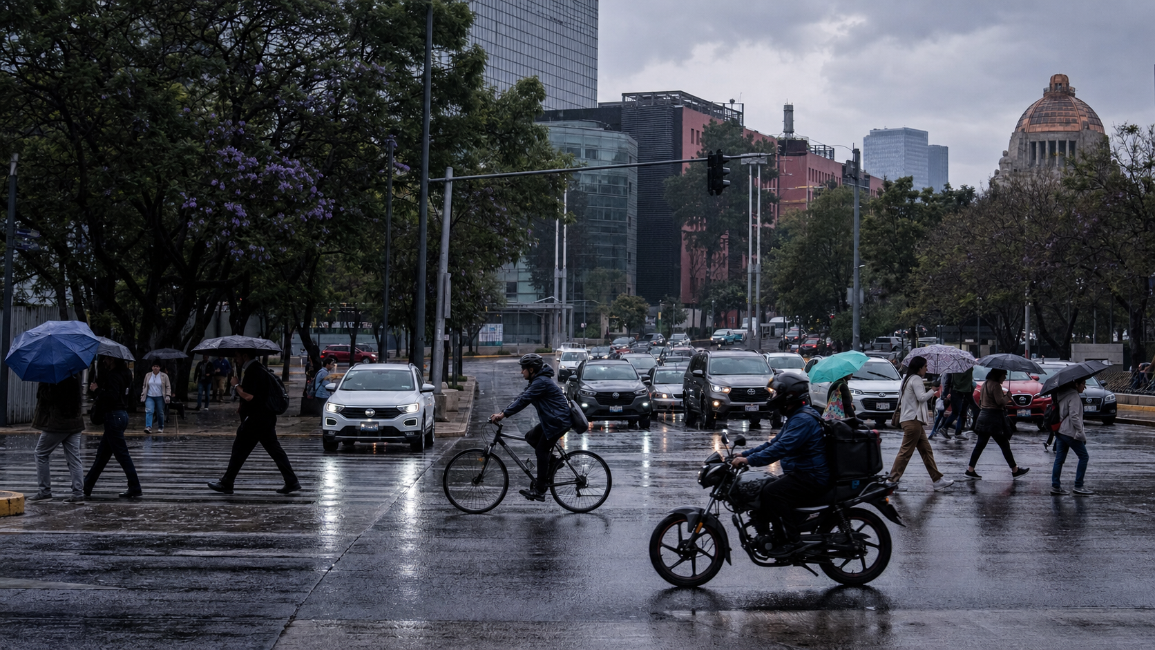 Automóviles avanzan lentamente sobre una avenida de la Ciudad de México mientras peatones cruzan con paraguas bajo un cielo nublado; al fondo se observan señales viales y edificios urbanos.
