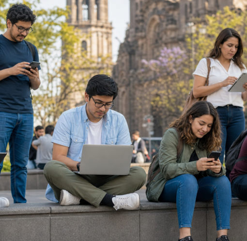 Personas de distintas edades utilizando internet en dispositivos digitales