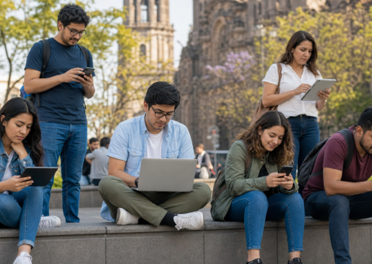 Personas de distintas edades utilizando internet en dispositivos digitales