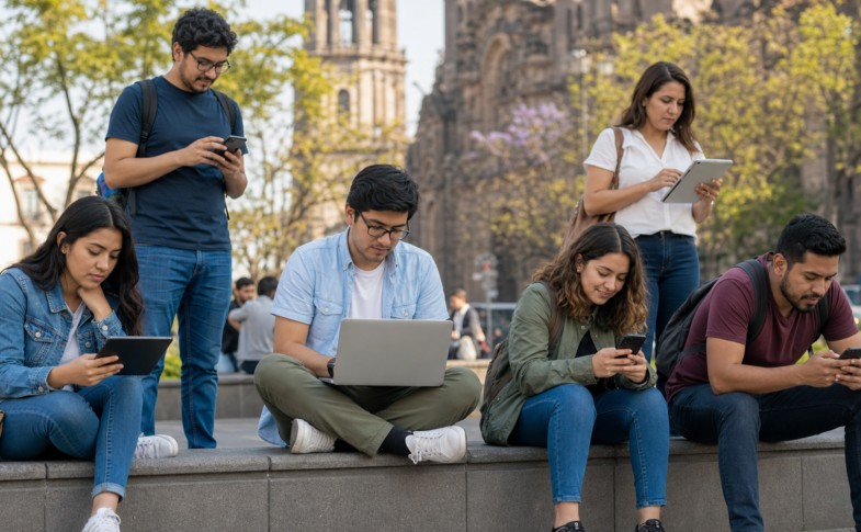 Personas de distintas edades utilizando internet en dispositivos digitales