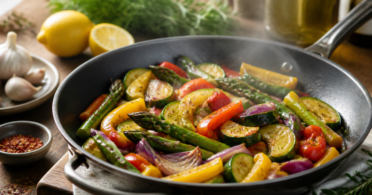 Verduras coloridas cocinadas suavemente en un sartén con hierbas y limón