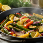 Verduras coloridas cocinadas suavemente en un sartén con hierbas y limón