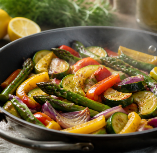 Verduras coloridas cocinadas suavemente en un sartén con hierbas y limón