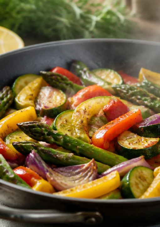 Verduras coloridas cocinadas suavemente en un sartén con hierbas y limón