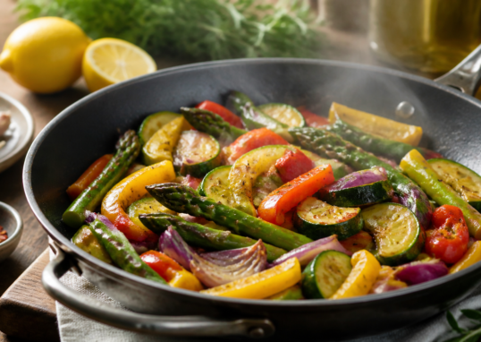 Verduras coloridas cocinadas suavemente en un sartén con hierbas y limón