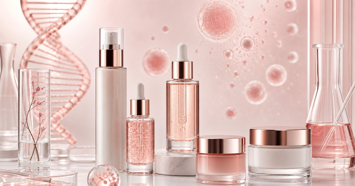 Sérums y cremas con PDRN y exosomas, ilustración editorial de skincare