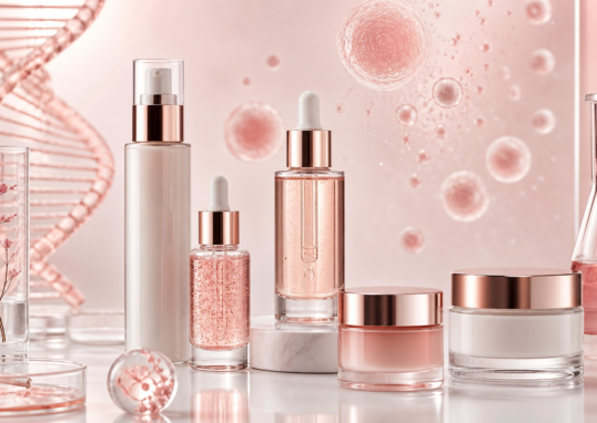 Sérums y cremas con PDRN y exosomas, ilustración editorial de skincare