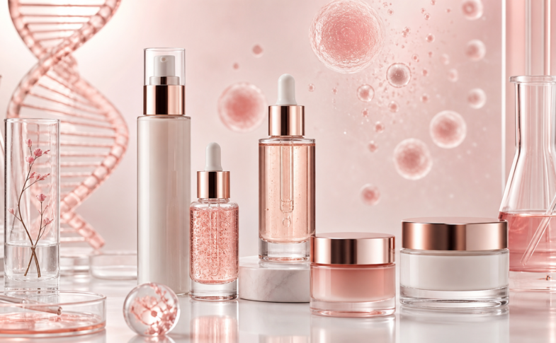 Sérums y cremas con PDRN y exosomas, ilustración editorial de skincare
