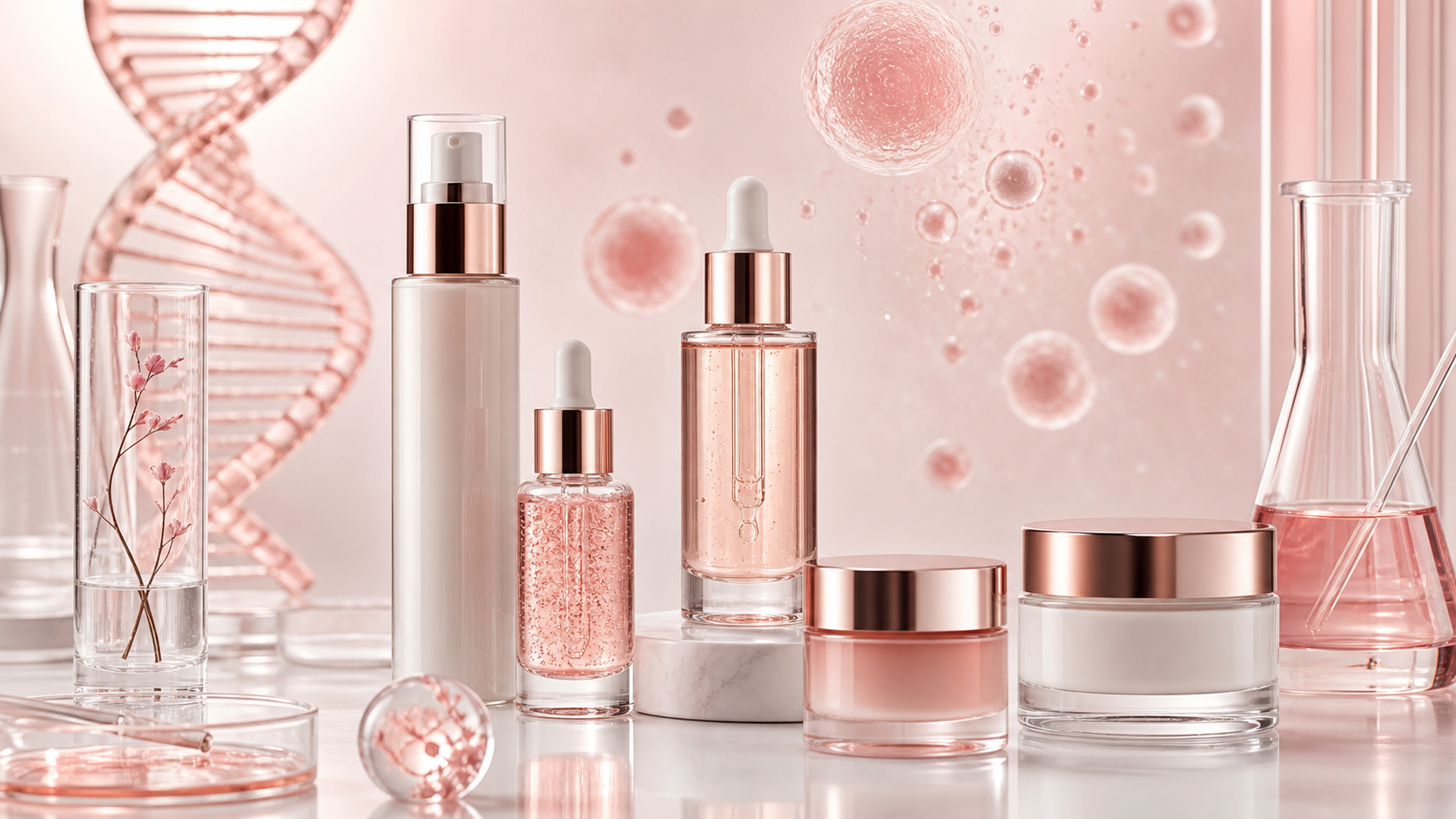 Sérums y cremas con PDRN y exosomas, ilustración editorial de skincare