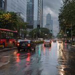 Avenida de Ciudad de México con transporte y automóviles sobre pavimento húmedo.