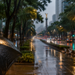 Avenida de Ciudad de México durante una lluvia vespertina con paraguas y reflejos urbanos.