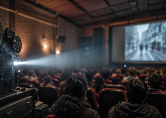 Sala comunitaria de cine en Ciudad de México con proyector encendido y público desenfocado.