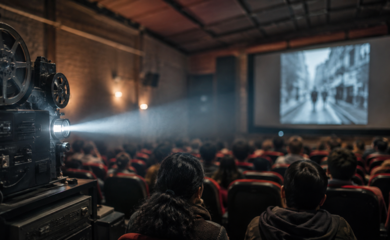 Sala comunitaria de cine en Ciudad de México con proyector encendido y público desenfocado.