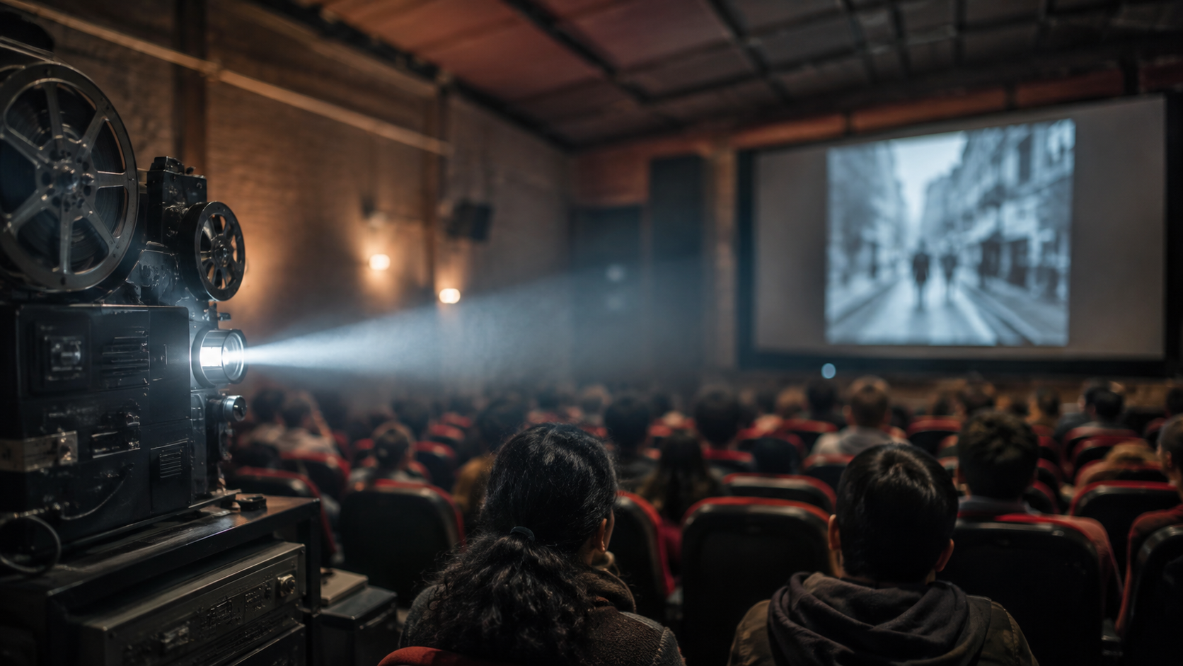 Sala comunitaria de cine en Ciudad de México con proyector encendido y público desenfocado.