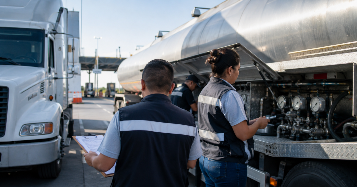 Inspección aduanal de un camión cisterna con revisión de documentos y medidores.