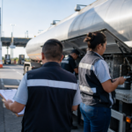 Inspección aduanal de un camión cisterna con revisión de documentos y medidores.