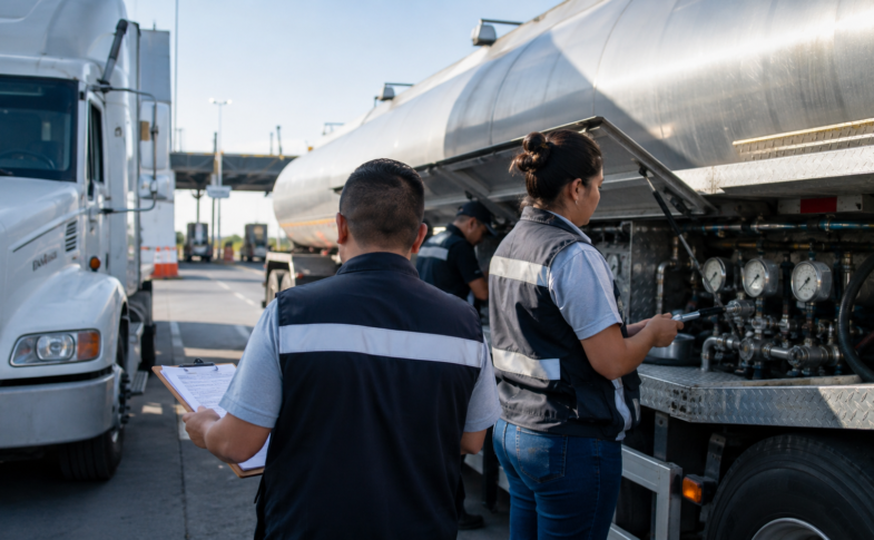 Inspección aduanal de un camión cisterna con revisión de documentos y medidores.