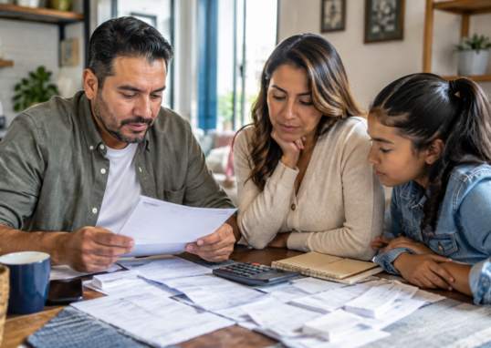 Familia mexicana revisando documentos de presupuesto, recibos y una calculadora en la mesa.