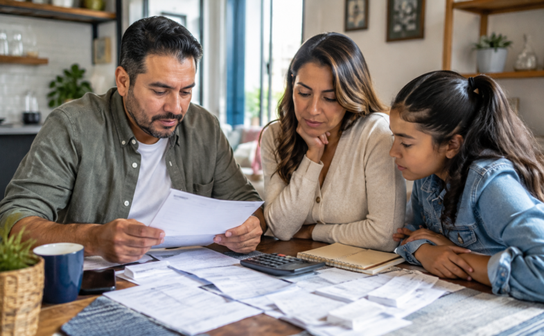 Familia mexicana revisando documentos de presupuesto, recibos y una calculadora en la mesa.
