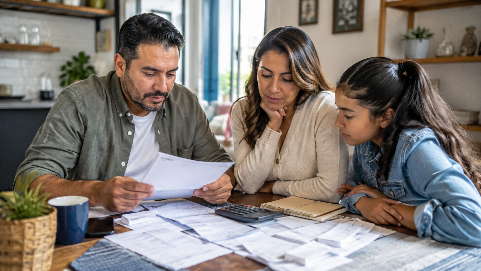 Familia mexicana revisando documentos de presupuesto, recibos y una calculadora en la mesa.