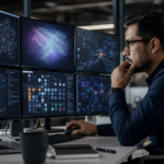 Profesional mexicano evaluando sistemas de inteligencia artificial en varias pantallas.