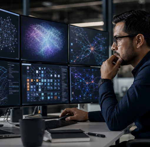 Profesional mexicano evaluando sistemas de inteligencia artificial en varias pantallas.