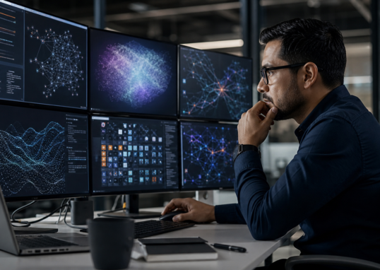 Profesional mexicano evaluando sistemas de inteligencia artificial en varias pantallas.