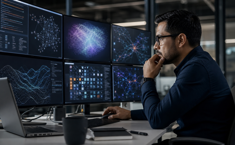 Profesional mexicano evaluando sistemas de inteligencia artificial en varias pantallas.