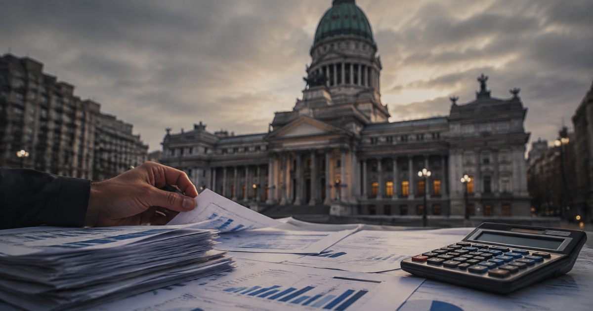 Documentos presupuestarios y calculadora frente a un edificio legislativo al atardecer.
