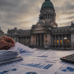 Documentos presupuestarios y calculadora frente a un edificio legislativo al atardecer.