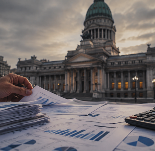 Documentos presupuestarios y calculadora frente a un edificio legislativo al atardecer.
