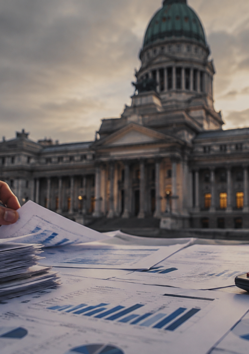 Documentos presupuestarios y calculadora frente a un edificio legislativo al atardecer.