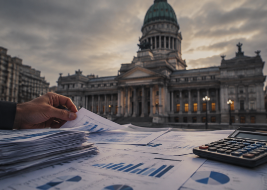 Documentos presupuestarios y calculadora frente a un edificio legislativo al atardecer.
