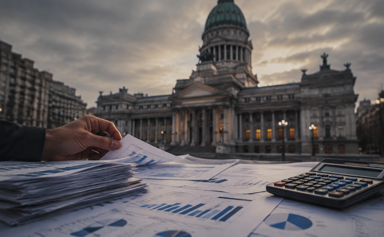 Documentos presupuestarios y calculadora frente a un edificio legislativo al atardecer.
