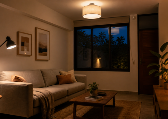 Sala de una casa mexicana pequeña con iluminación general, lámpara de lectura y luz ambiental cálida