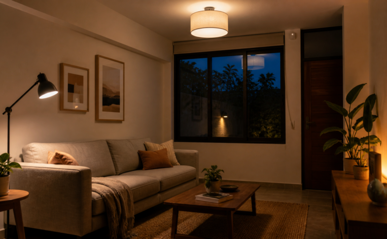Sala de una casa mexicana pequeña con iluminación general, lámpara de lectura y luz ambiental cálida