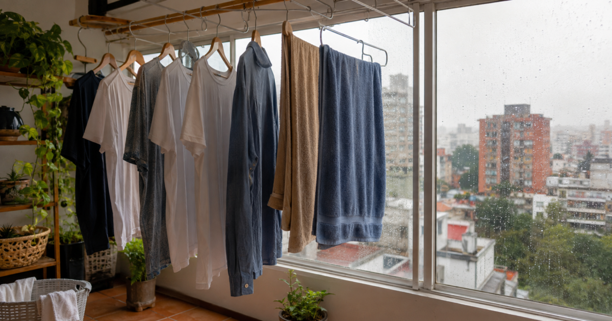 Prendas tendidas en interior con ventilación durante un día lluvioso