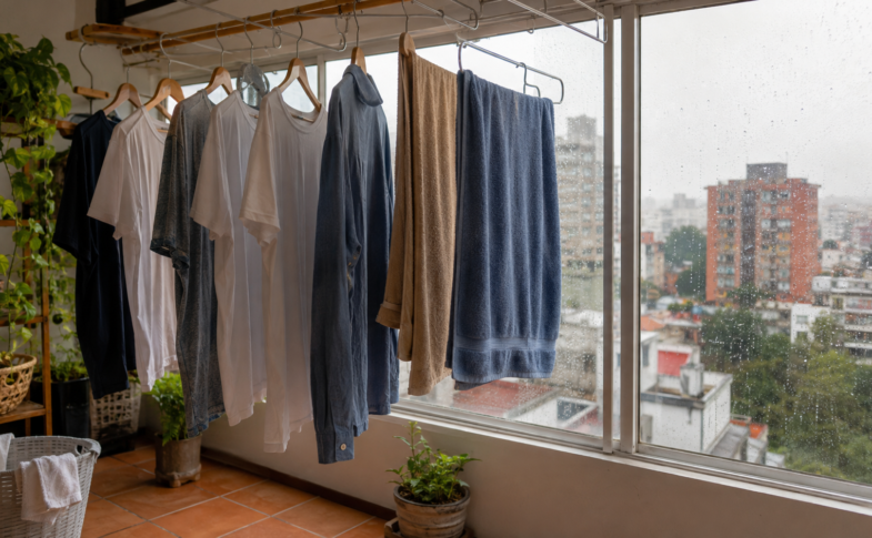 Prendas tendidas en interior con ventilación durante un día lluvioso