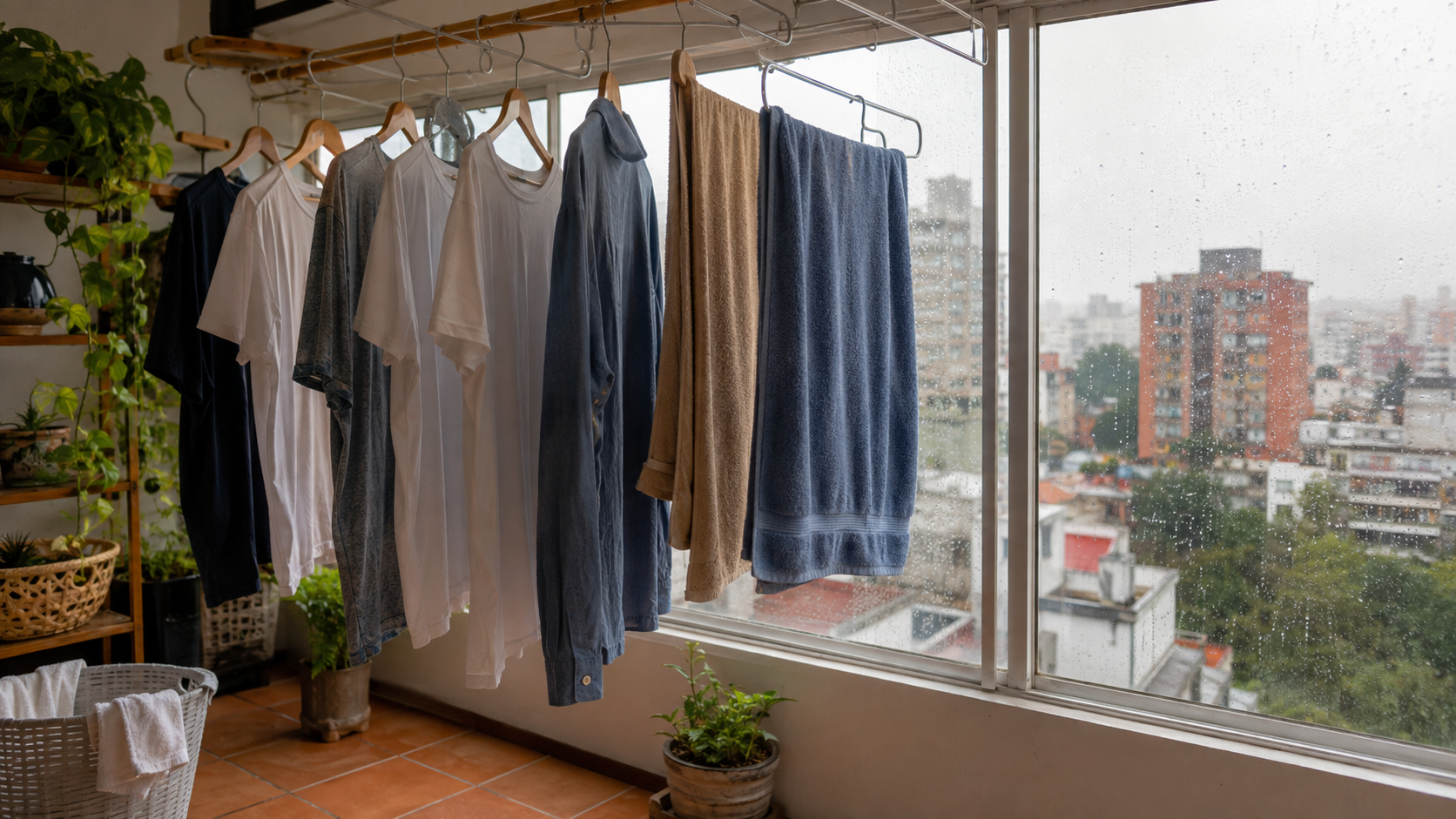 Prendas tendidas en interior con ventilación durante un día lluvioso