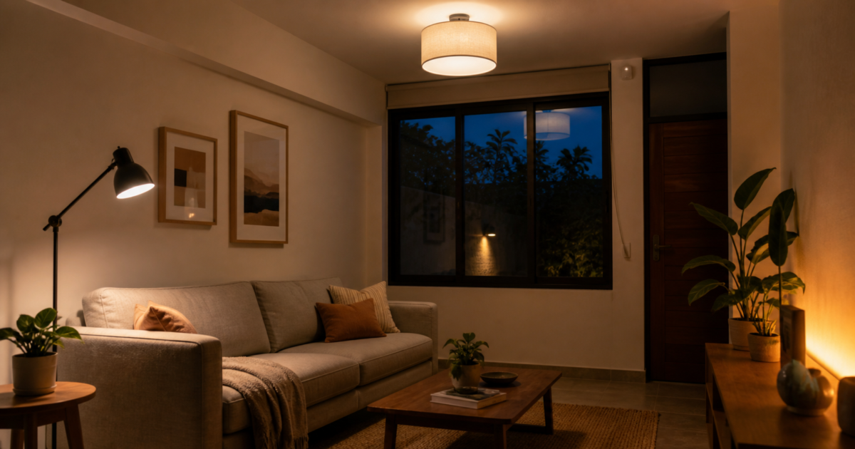 Ventanas enfrentadas permiten ventilar una habitación mexicana con cortinas ligeras y plantas