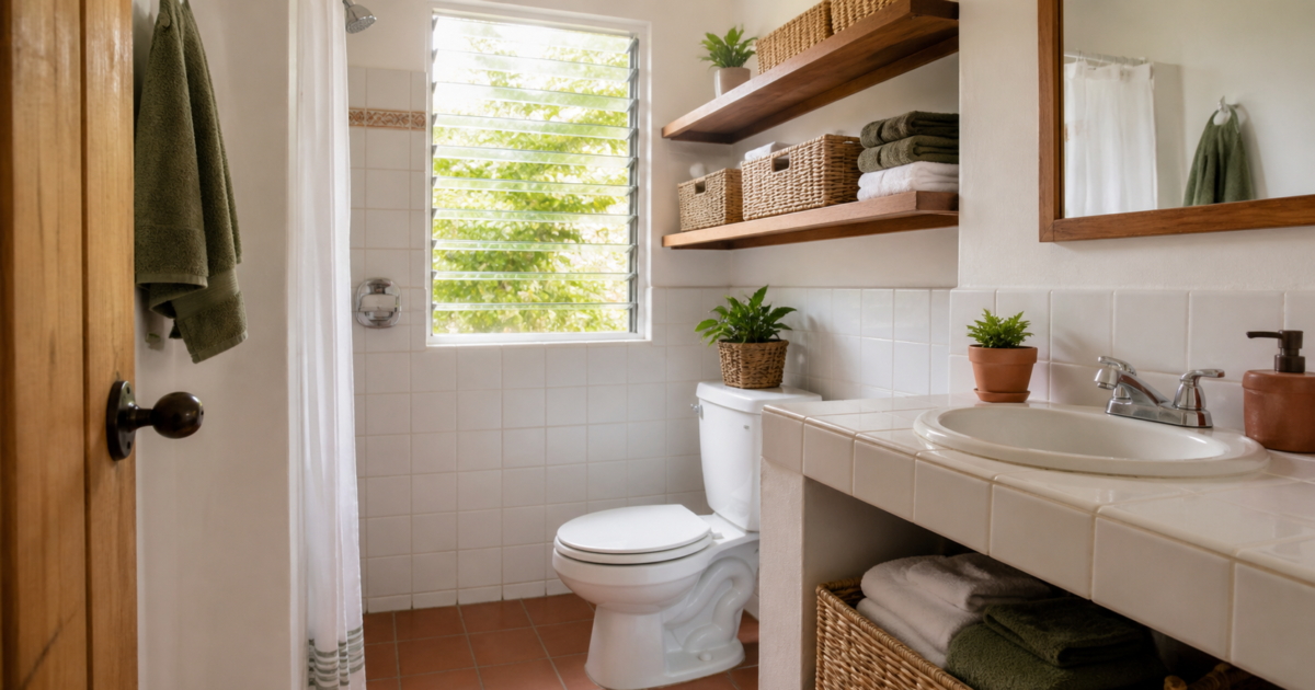 Baño mexicano pequeño con ventana abierta, repisas ordenadas, toallas dobladas y lavamanos despejado