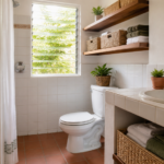 Baño mexicano pequeño con ventana abierta, repisas ordenadas, toallas dobladas y lavamanos despejado