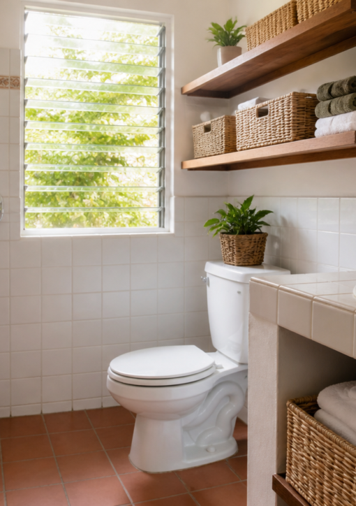 Baño mexicano pequeño con ventana abierta, repisas ordenadas, toallas dobladas y lavamanos despejado
