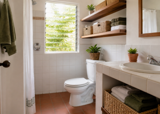 Baño mexicano pequeño con ventana abierta, repisas ordenadas, toallas dobladas y lavamanos despejado